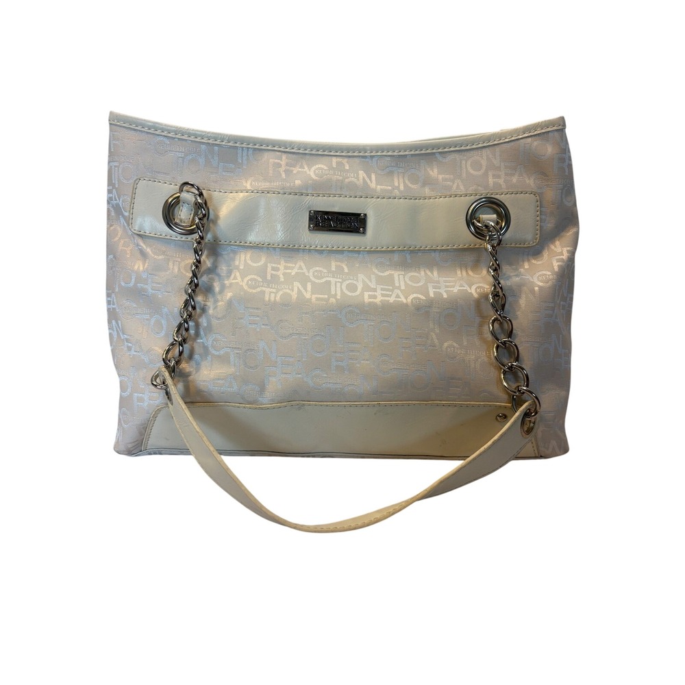 Kenneth Cole‎ Reaction Monogram Logo Shoulder Bag Cream Silver Chain Strap Tote